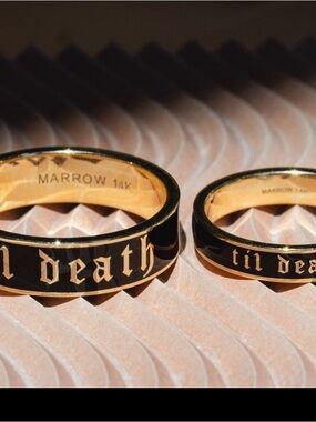 Marrow Fine Black & Gold 'til Death' 14K Gold Band Ring Sz 6.5